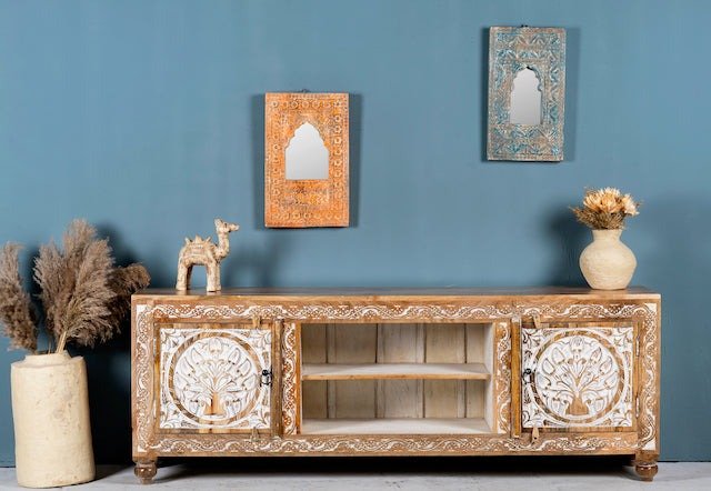 Doiwala Hand-Carved Mango Wood TV Lowboard with Floral Medallion Panels - DOBRI ARTS AU