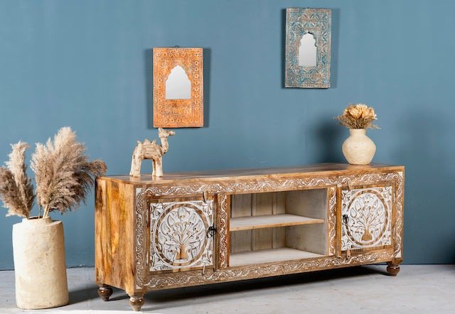 Doiwala Hand-Carved Mango Wood TV Lowboard with Floral Medallion Panels - DOBRI ARTS AU