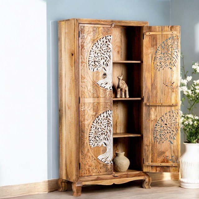 Double Tree of Life Hand-Carved Wooden Storage Cabinet - DOBRI ARTS AU