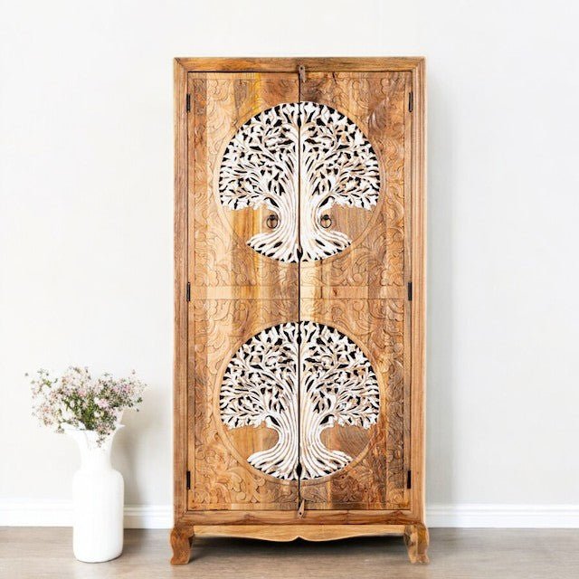 Double Tree of Life Hand-Carved Wooden Storage Cabinet - DOBRI ARTS AU