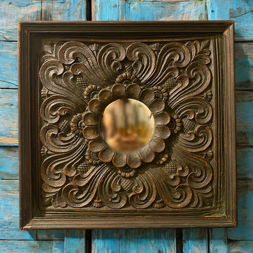 Handcrafted Jharokha mirror frame with intricate carved wood design, perfect for vintage wall decor and antique-inspired home interiors.