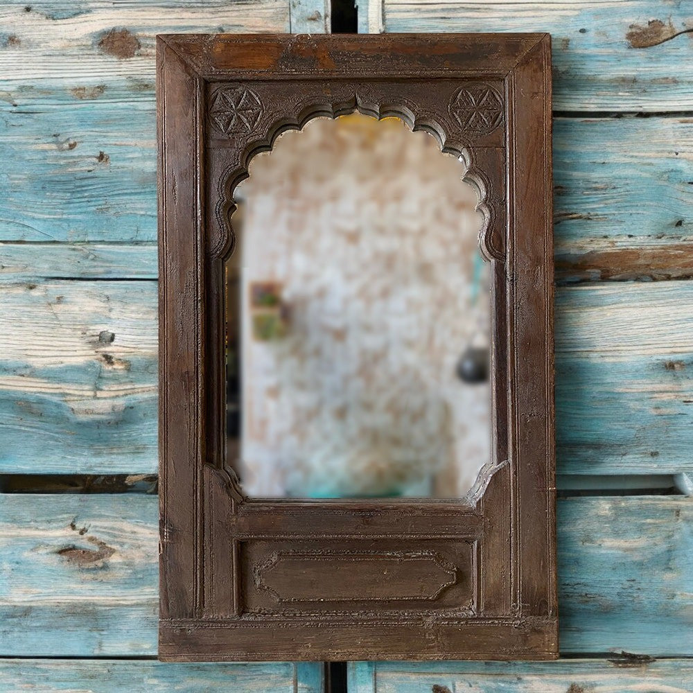 Full-length Jharokha mirror with carved wood frame, large antique-style mirror for home