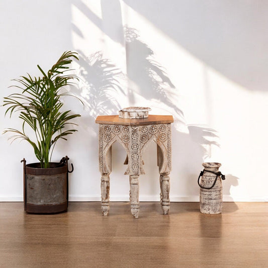 Distressed White Wooden Accent Table with Turned Legs