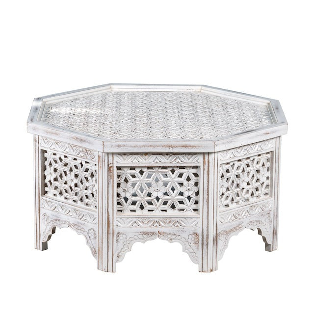 Whitewashed Hand-Carved Octagonal Coffee Table with Geometric Panels