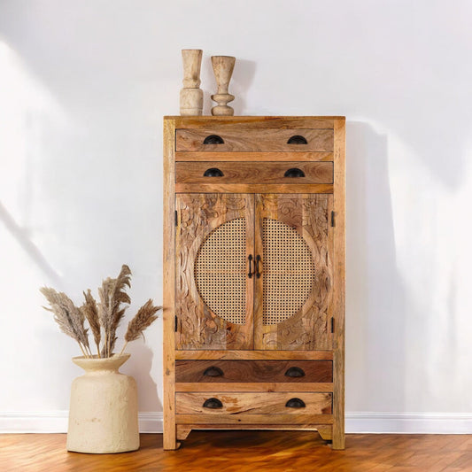 Carved Cane Panel Wooden Storage Cabinet with Multi-Drawer Design