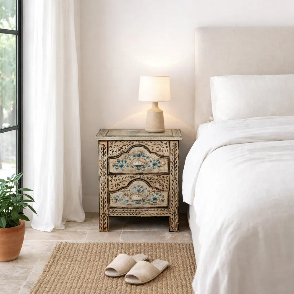 bedside table,
bedroom,
nightstand,
vintage bedside table,
rattan bedside table,
antique home decor,
white nightstand,
mid century modern dresser,
twin size bed,
room designer,