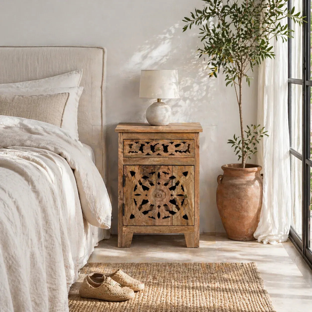 bedside table,
bedroom,
nightstand,
vintage bedside table,
rattan bedside table,
antique home decor,
white nightstand,
mid century modern dresser,
twin size bed,
room designer,