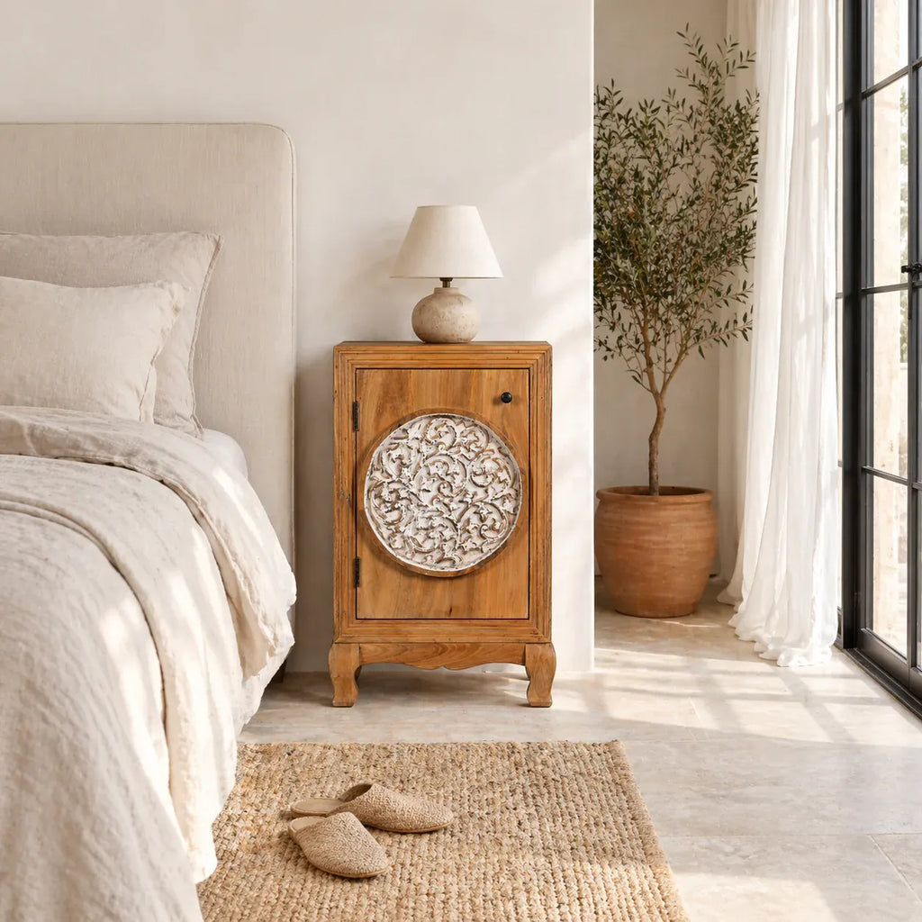 bedside table,
bedroom,
nightstand,
vintage bedside table,
rattan bedside table,
antique home decor,
white nightstand,
mid century modern dresser,
twin size bed,
room designer,