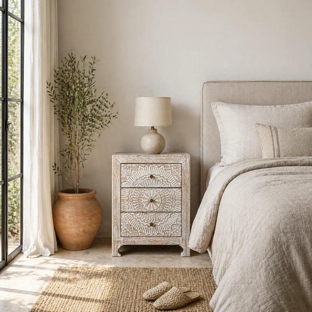 bedside table,
bedroom,
nightstand,
vintage bedside table,
rattan bedside table,
antique home decor,
white nightstand,
mid century modern dresser,
twin size bed,
room designer,