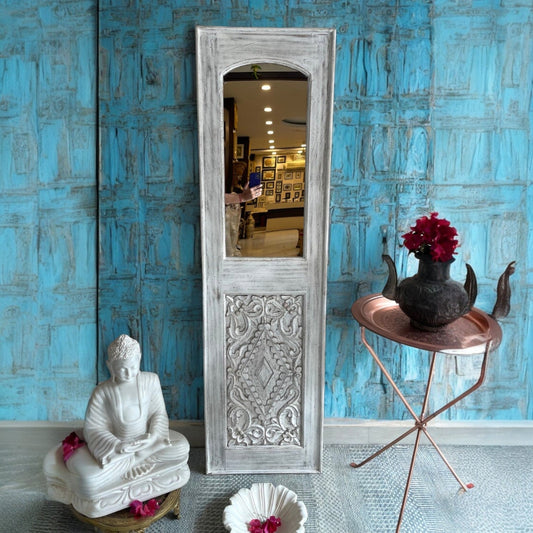 Beautiful large vintage mirror encased in a jharokha mirror frame, combining classic Indian craftsmanship with modern retro wall art appeal