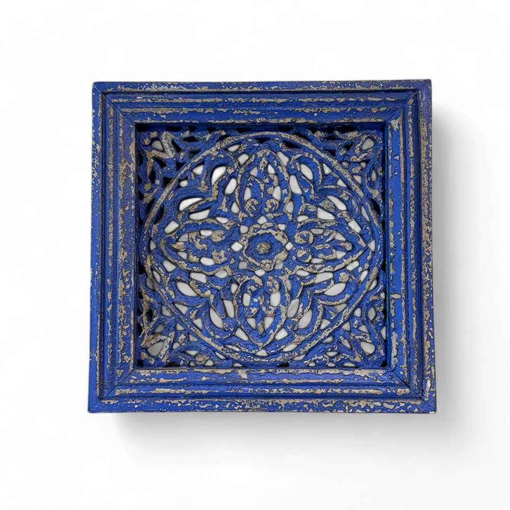 Handmade vintage blue carved panel with intricate floral carvings, distressed finish, and rustic wooden frame, perfect for wall décor. wall decor,
wall art,
wall accents,
large wall art,
big wall decor,
outdoor wall art,
wall hanging,
vintage wall decor,
rustic wall decor,
antique wall decor,
rustic wall art,
vintage home decor,
home decor,
antique home decor