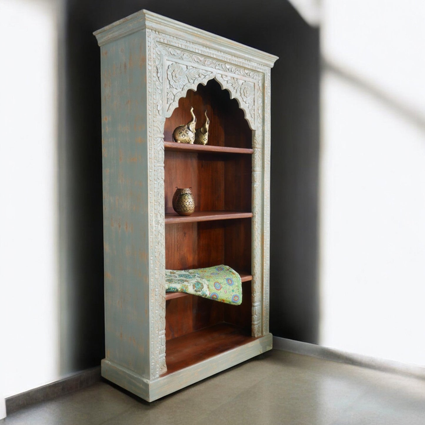 Arched Display Bookcase with Soft Sage Distressed Finish