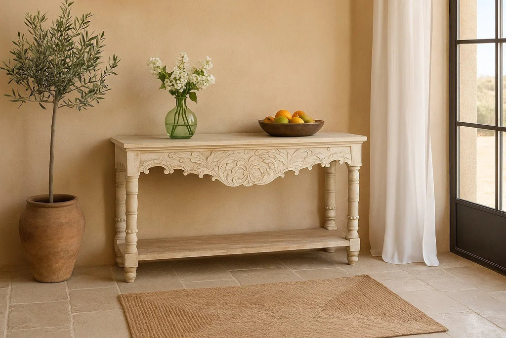 Dum Dum Hand-Carved White Scroll Console Table - DOBRI ARTS AU