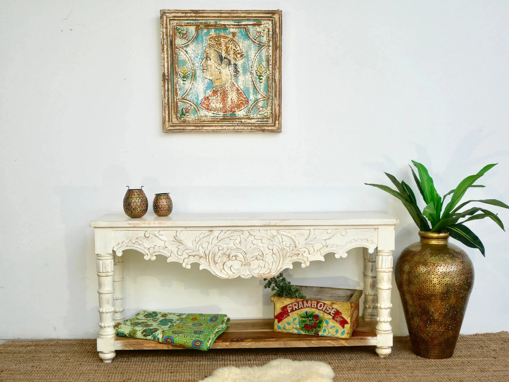 Dum Dum Hand-Carved White Scroll Console Table - DOBRI ARTS AU