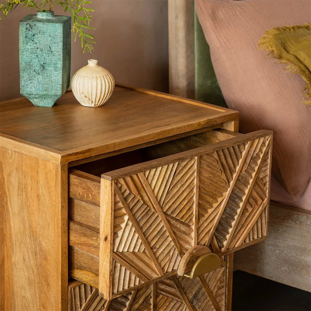 Elara Handcrafted Solid Mango Wood Bedside Table – Geometric Carved Accent Nightstand with Brass-Tone Legs - DOBRI ARTS AU