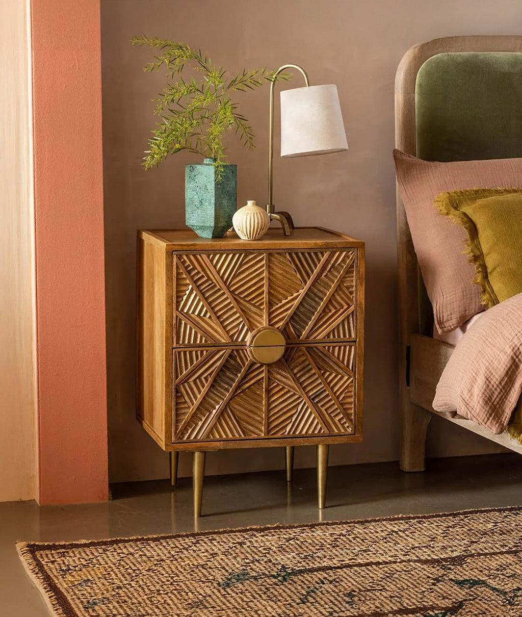 Elara Handcrafted Solid Mango Wood Bedside Table – Geometric Carved Accent Nightstand with Brass-Tone Legs - DOBRI ARTS AU