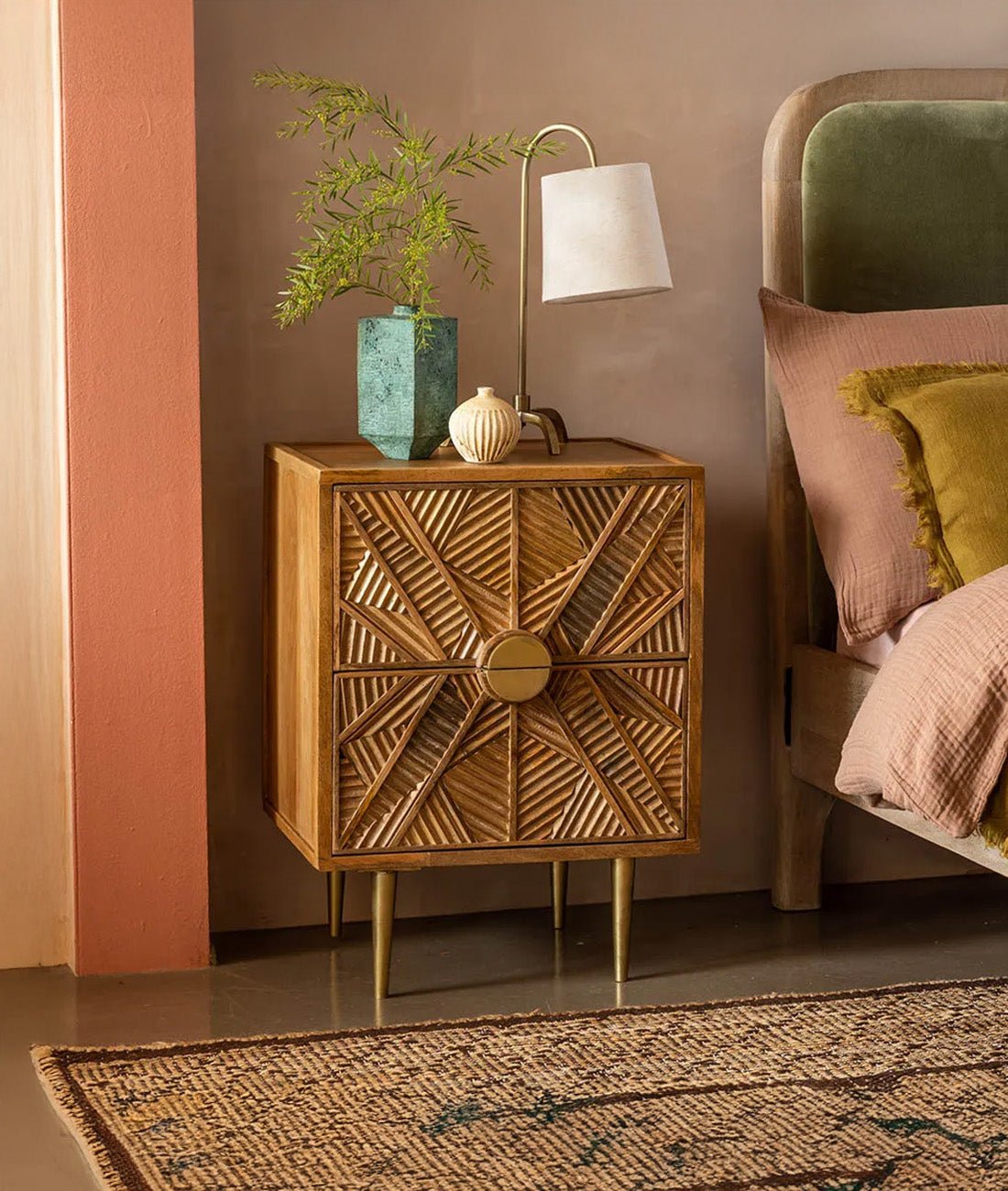 Elara Handcrafted Solid Mango Wood Bedside Table – Geometric Carved Accent Nightstand with Brass-Tone Legs - DOBRI ARTS AU