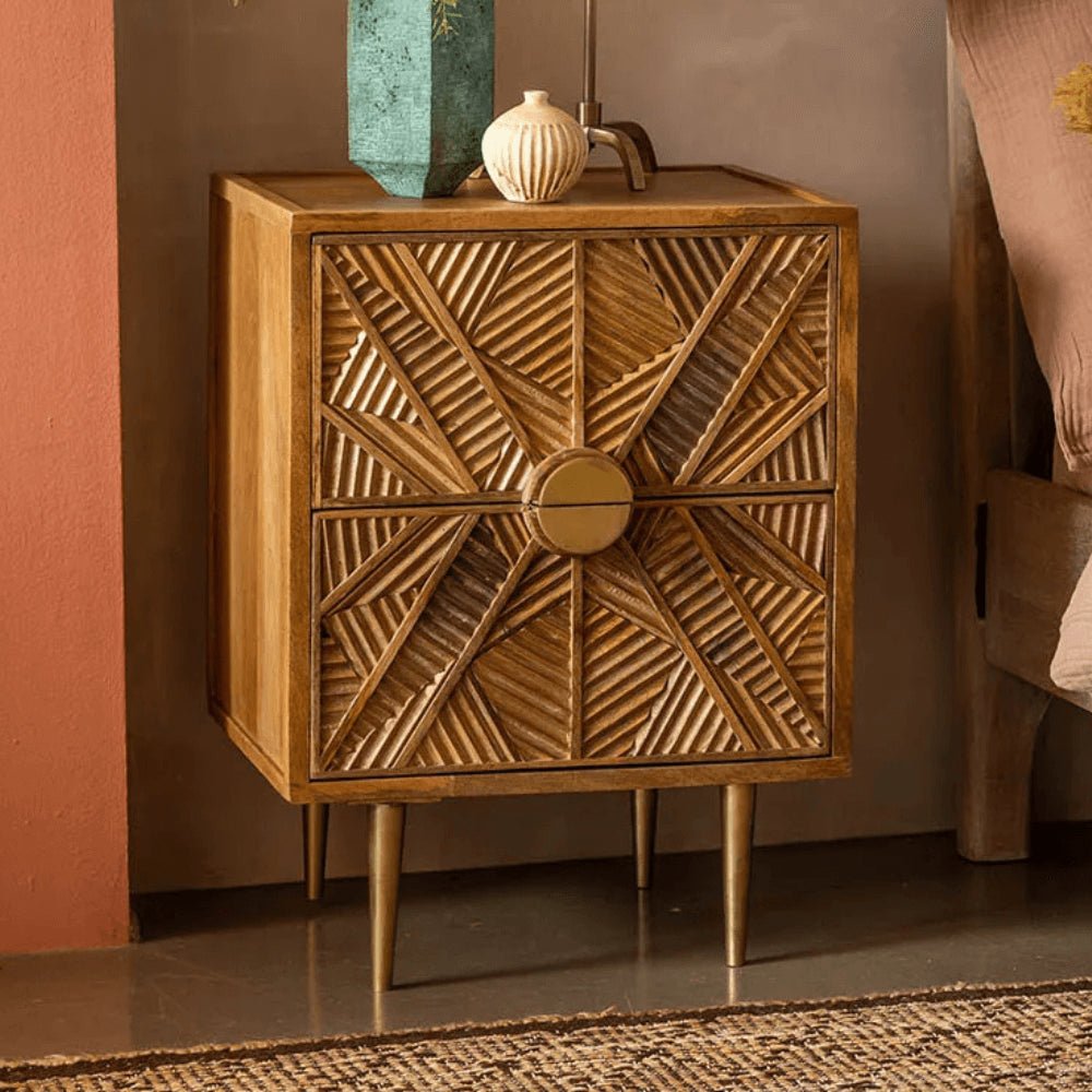 Elara Handcrafted Solid Mango Wood Bedside Table – Geometric Carved Accent Nightstand with Brass-Tone Legs - DOBRI ARTS AU