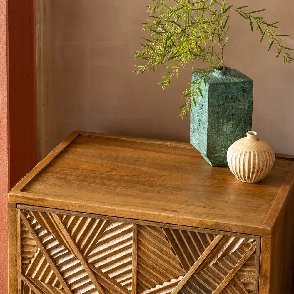 Elara Handcrafted Solid Mango Wood Bedside Table – Geometric Carved Accent Nightstand with Brass-Tone Legs - DOBRI ARTS AU
