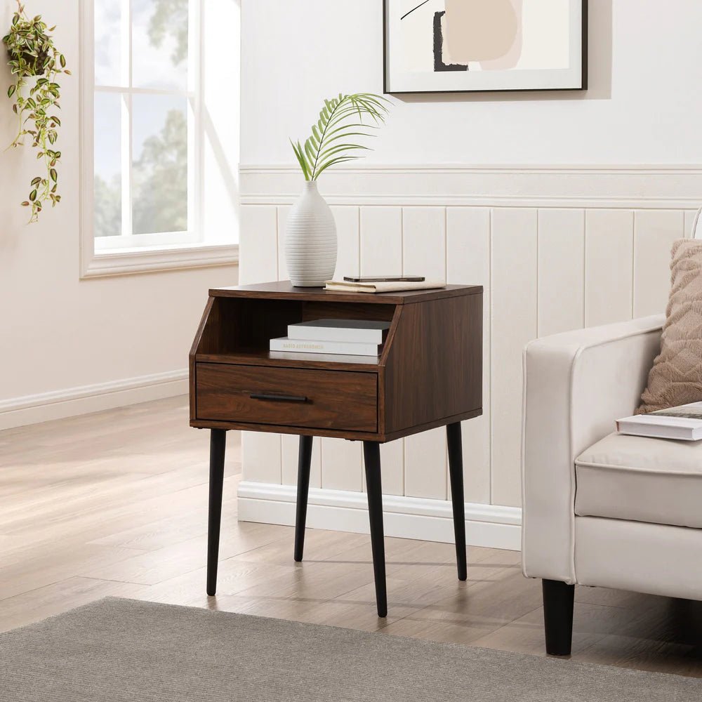 Elara Mid-Century Solid Wood Bedside Table – Light Walnut Nightstand with Open Shelf & Drawer - DOBRI ARTS AU
