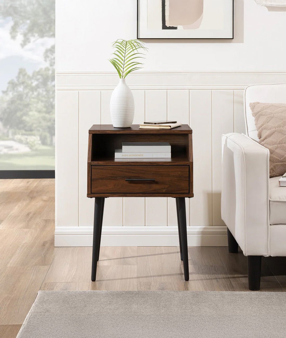 Elara Mid-Century Solid Wood Bedside Table – Light Walnut Nightstand with Open Shelf & Drawer - DOBRI ARTS AU