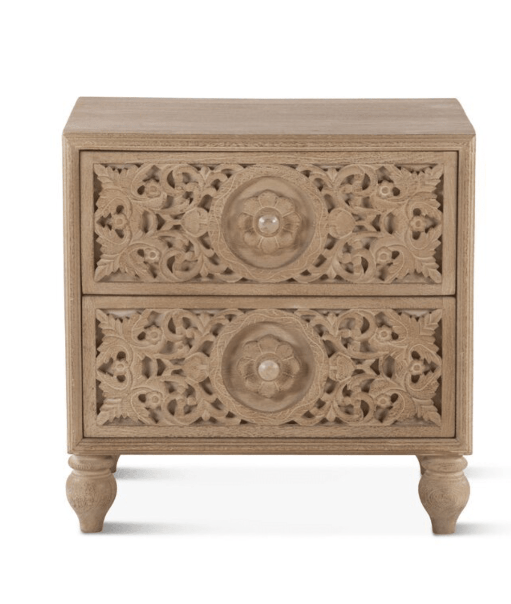 Elara Natural Mango Wood Bedside Table – Solid Wood Nightstand, Carved Leg Side Table & Bedroom Accent Cabinet - DOBRI ARTS AU