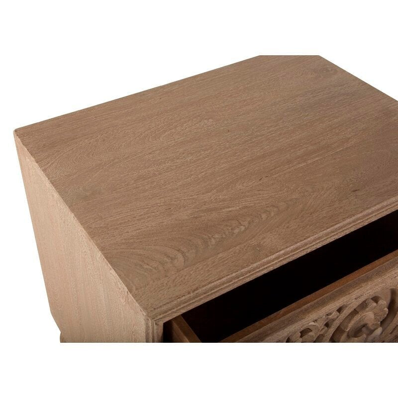 Elara Natural Mango Wood Bedside Table – Solid Wood Nightstand, Carved Leg Side Table & Bedroom Accent Cabinet - DOBRI ARTS AU