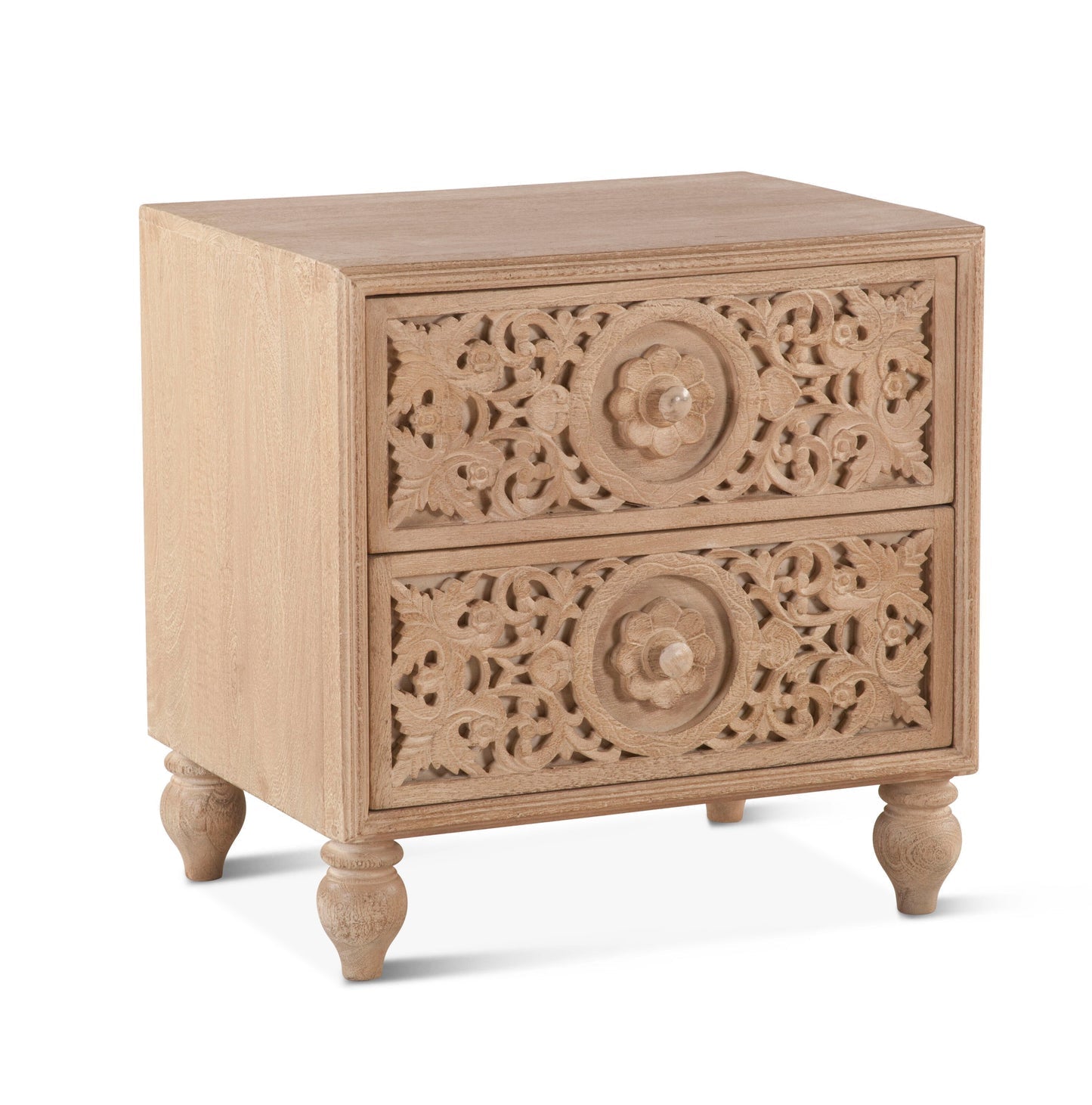 Elara Natural Mango Wood Bedside Table – Solid Wood Nightstand, Carved Leg Side Table & Bedroom Accent Cabinet - DOBRI ARTS AU