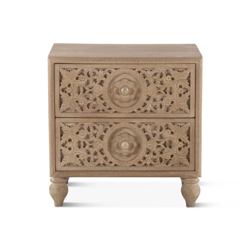 Elara Natural Mango Wood Bedside Table – Solid Wood Nightstand, Carved Leg Side Table & Bedroom Accent Cabinet - DOBRI ARTS AU