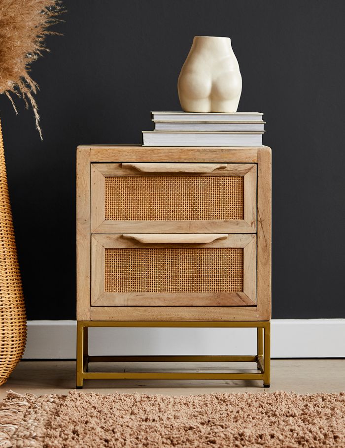 Elara Natural Mango Wood & Rattan Side Table – Woven Accent Nightstand with Iron Base & Open Shelf - DOBRI ARTS AU
