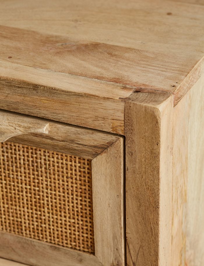 Elara Natural Mango Wood & Rattan Side Table – Woven Accent Nightstand with Iron Base & Open Shelf - DOBRI ARTS AU