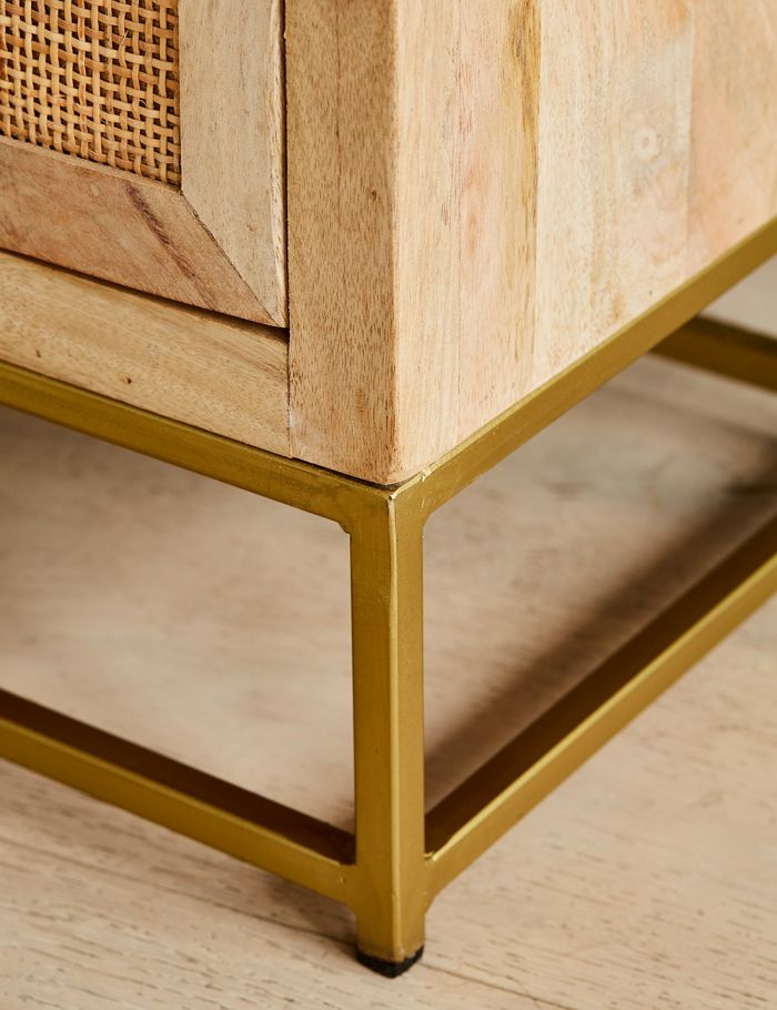 Elara Natural Mango Wood & Rattan Side Table – Woven Accent Nightstand with Iron Base & Open Shelf - DOBRI ARTS AU