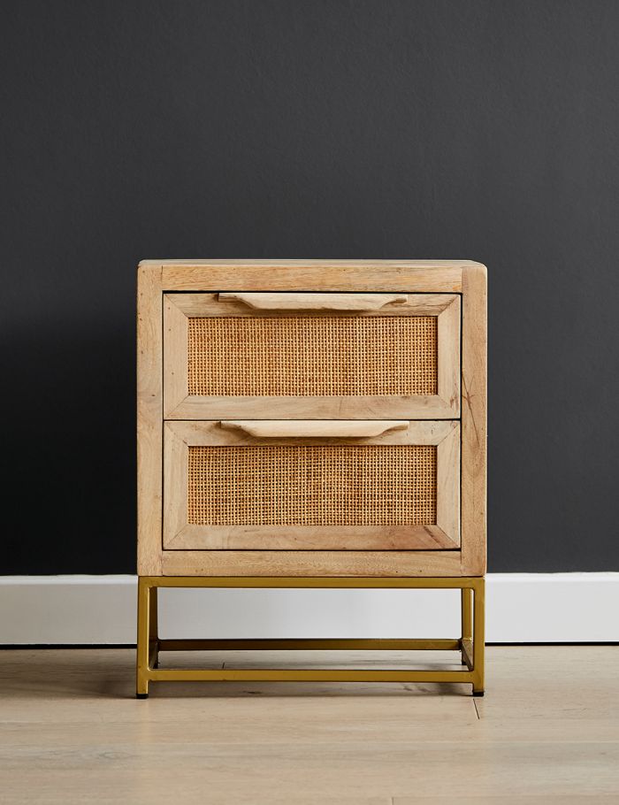Elara Natural Mango Wood & Rattan Side Table – Woven Accent Nightstand with Iron Base & Open Shelf - DOBRI ARTS AU