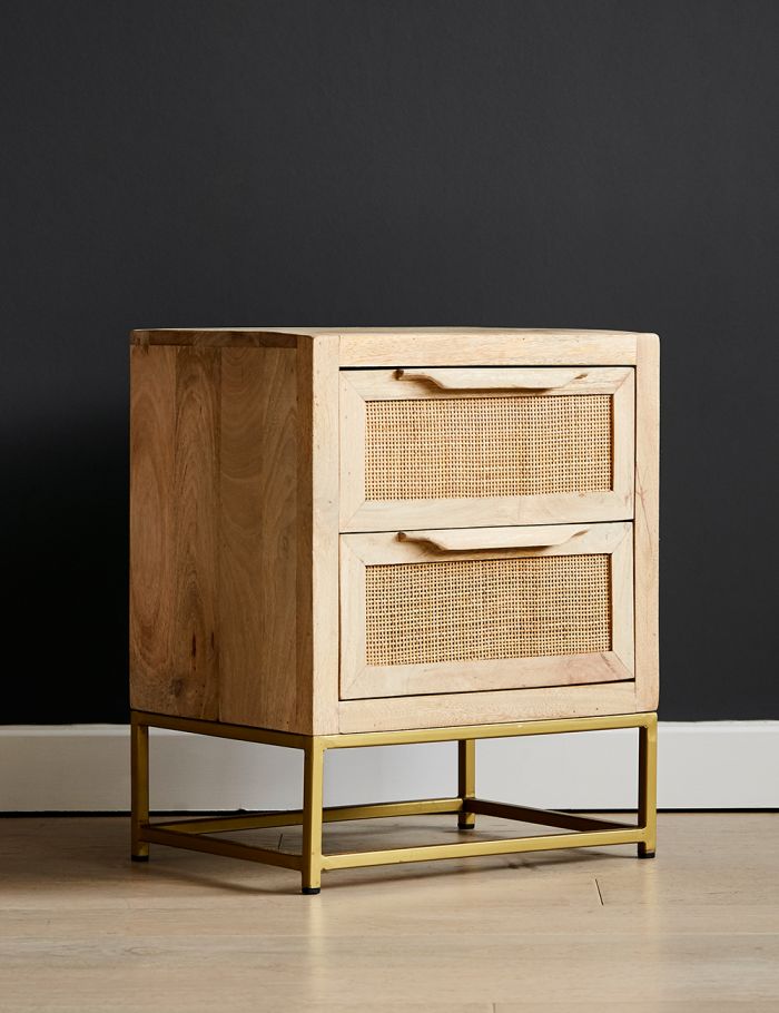 Elara Natural Mango Wood & Rattan Side Table – Woven Accent Nightstand with Iron Base & Open Shelf - DOBRI ARTS AU