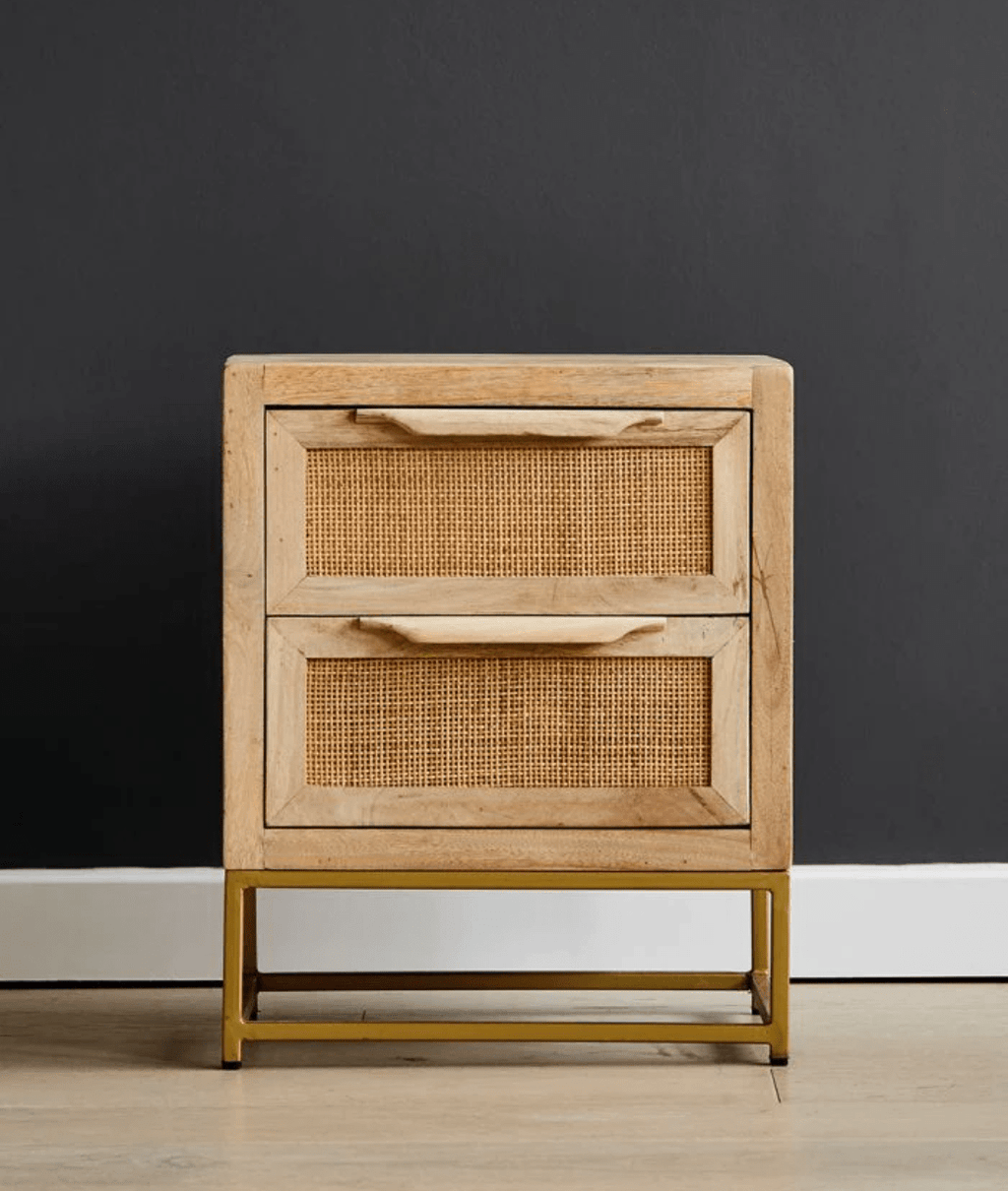 Elara Natural Mango Wood & Rattan Side Table – Woven Accent Nightstand with Iron Base & Open Shelf - DOBRI ARTS AU