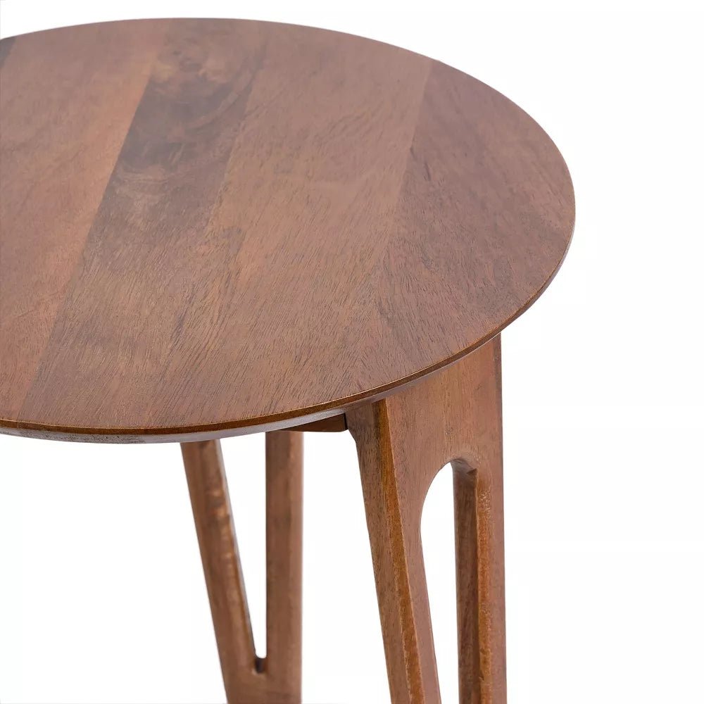 Elara Solid Mango Wood Round Side Table – Mid-Century Natural Wood Accent Table with Sculptural Cut-Out Legs - DOBRI ARTS AU