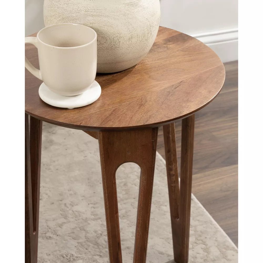 Elara Solid Mango Wood Round Side Table – Mid-Century Natural Wood Accent Table with Sculptural Cut-Out Legs - DOBRI ARTS AU