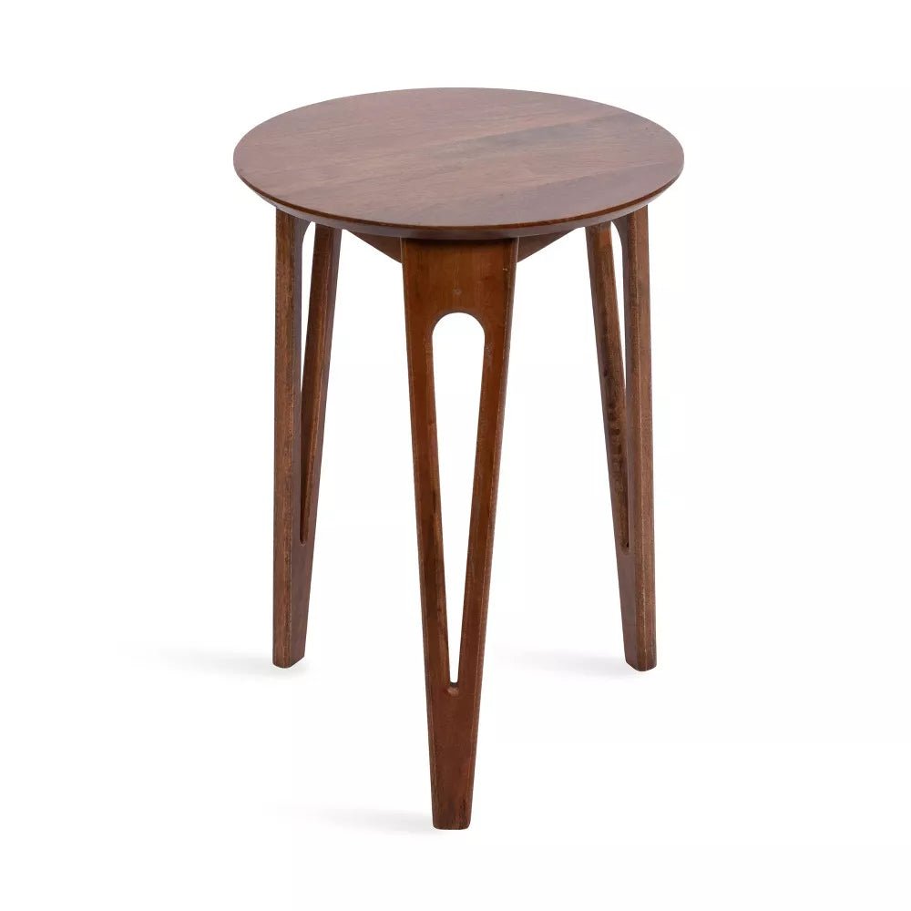 Elara Solid Mango Wood Round Side Table – Mid-Century Natural Wood Accent Table with Sculptural Cut-Out Legs - DOBRI ARTS AU