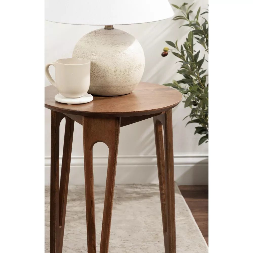 Elara Solid Mango Wood Round Side Table – Mid-Century Natural Wood Accent Table with Sculptural Cut-Out Legs - DOBRI ARTS AU