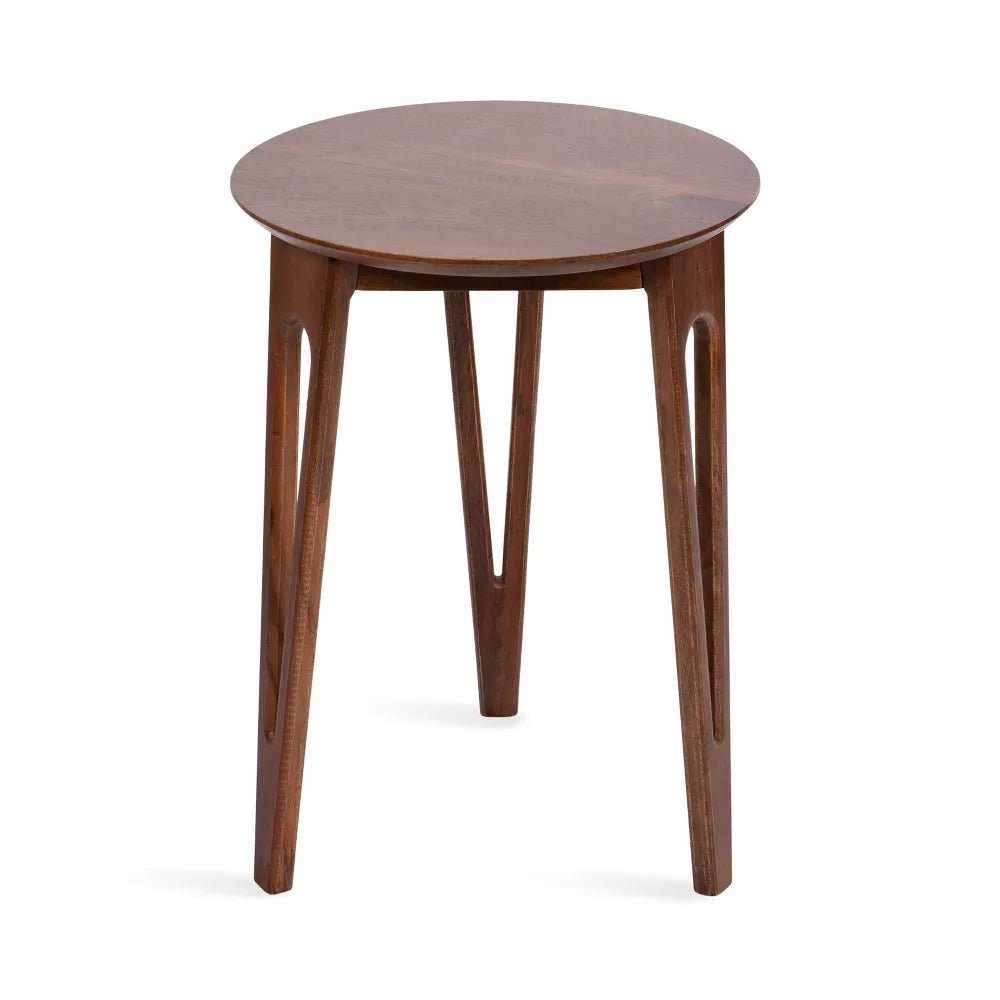Elara Solid Mango Wood Round Side Table – Mid-Century Natural Wood Accent Table with Sculptural Cut-Out Legs - DOBRI ARTS AU