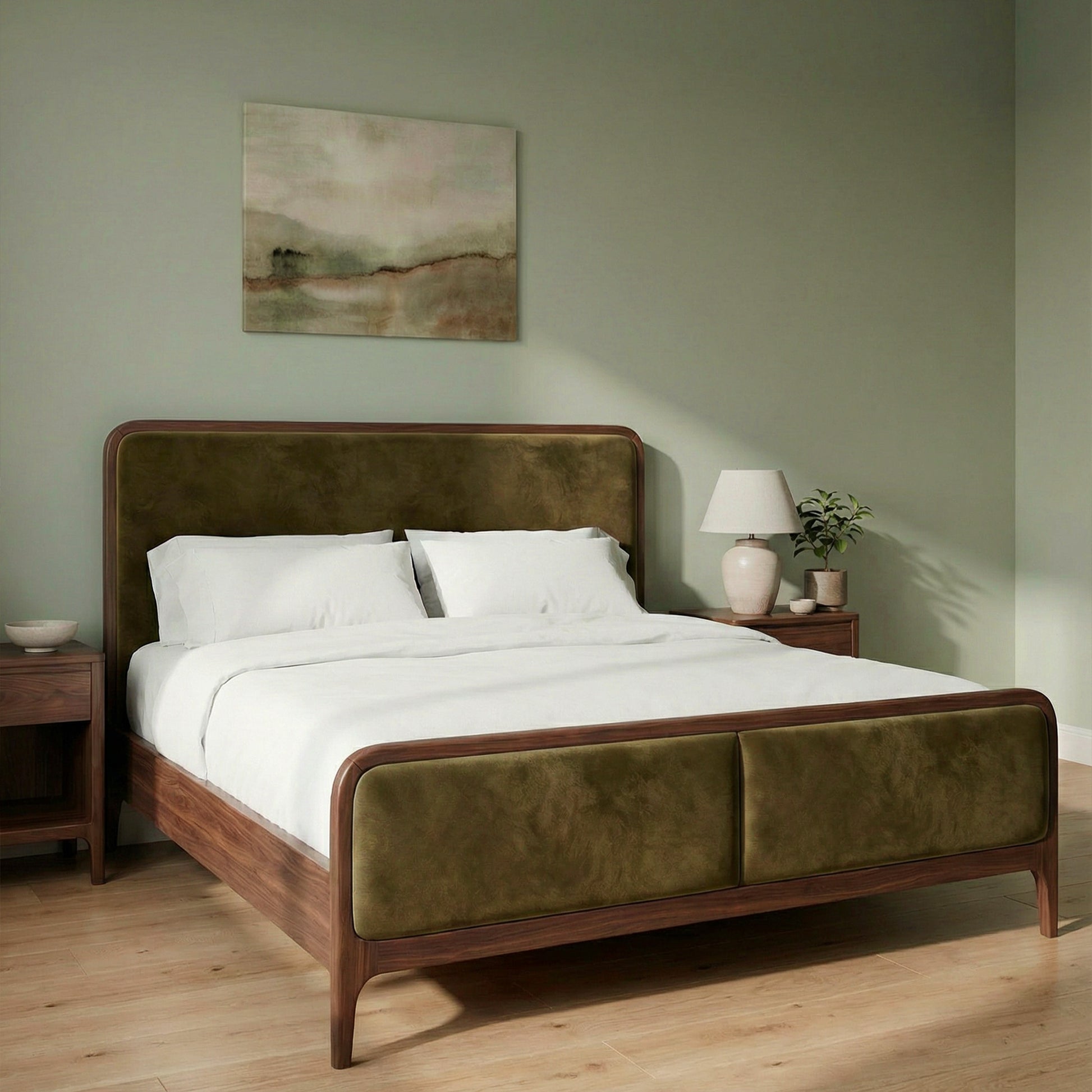 Elowen Olive Green Velvet Bed – Solid Sheesham Wood Frame with Upholstered Headboard & Footboard - DOBRI ARTS AU