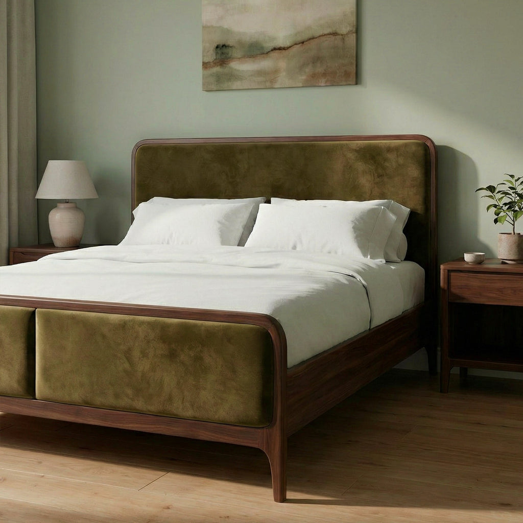 Elowen Olive Green Velvet Bed – Solid Sheesham Wood Frame with Upholstered Headboard & Footboard - DOBRI ARTS AU