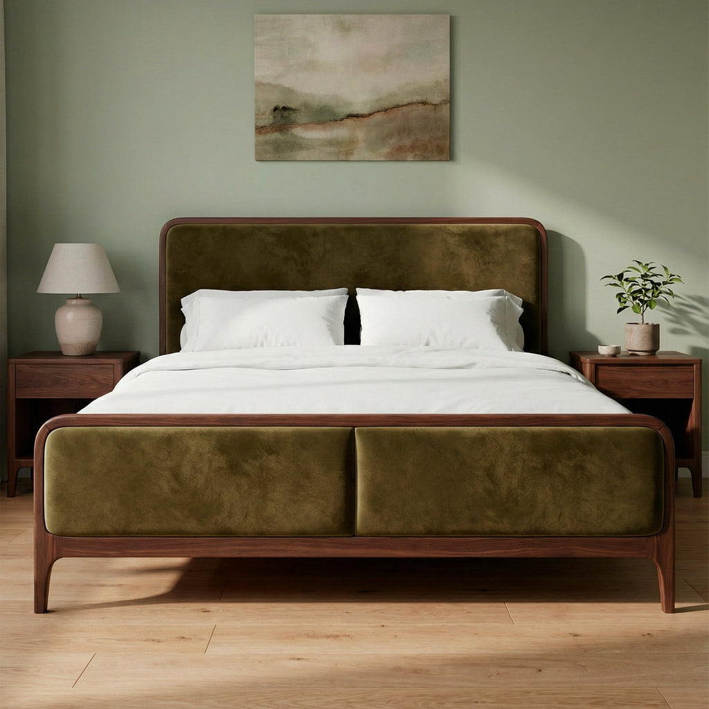 Elowen Olive Green Velvet Bed – Solid Sheesham Wood Frame with Upholstered Headboard & Footboard - DOBRI ARTS AU
