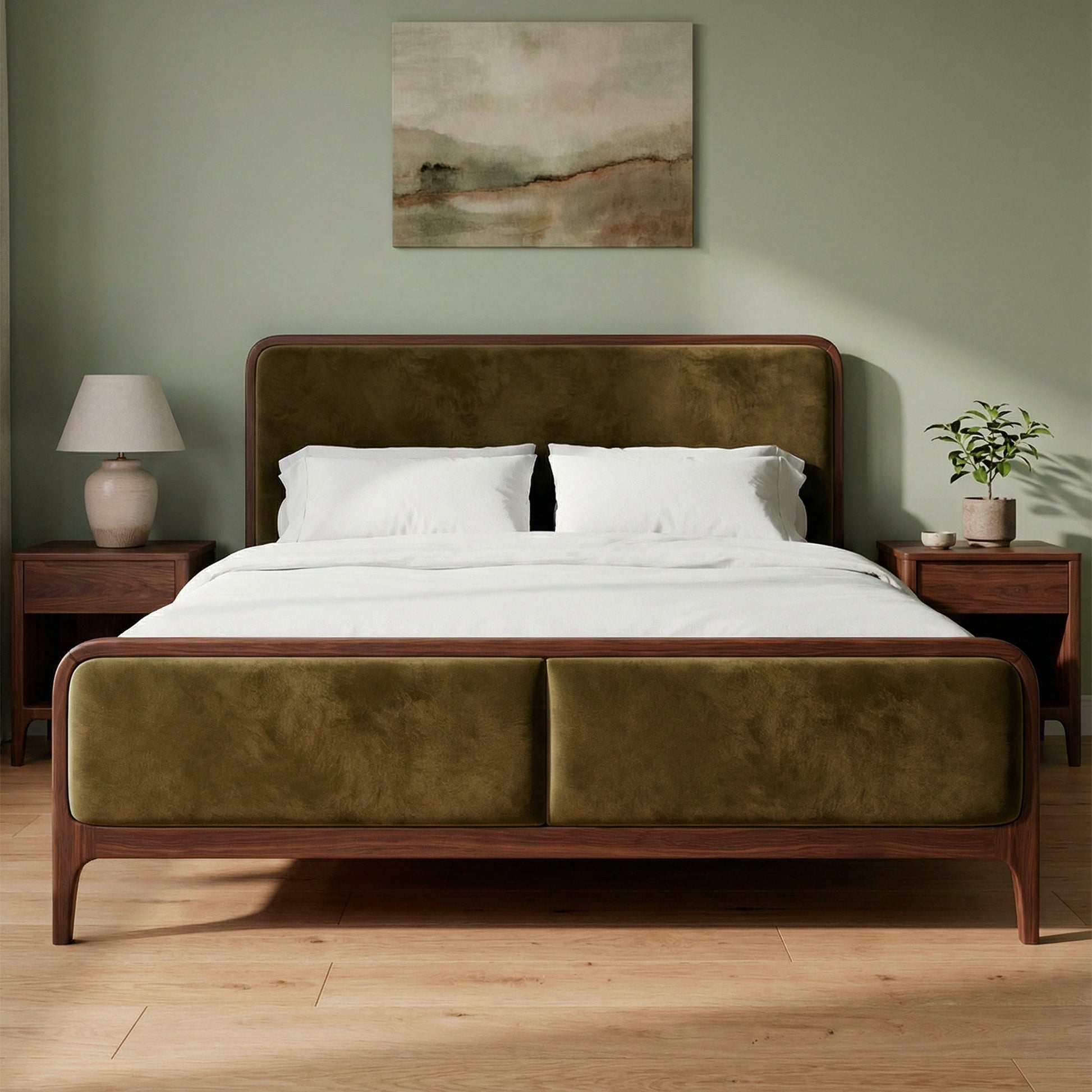 Elowen Olive Green Velvet Bed – Solid Sheesham Wood Frame with Upholstered Headboard & Footboard - DOBRI ARTS AU