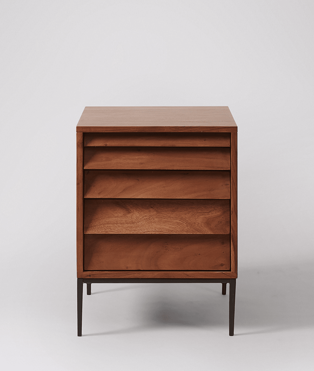 Elvara Acacia Wood Bedside Table – Tall 5-Drawer Nightstand with Iron Legs, Mid Century Storage Cabinet in Universal Teak - DOBRI ARTS AU