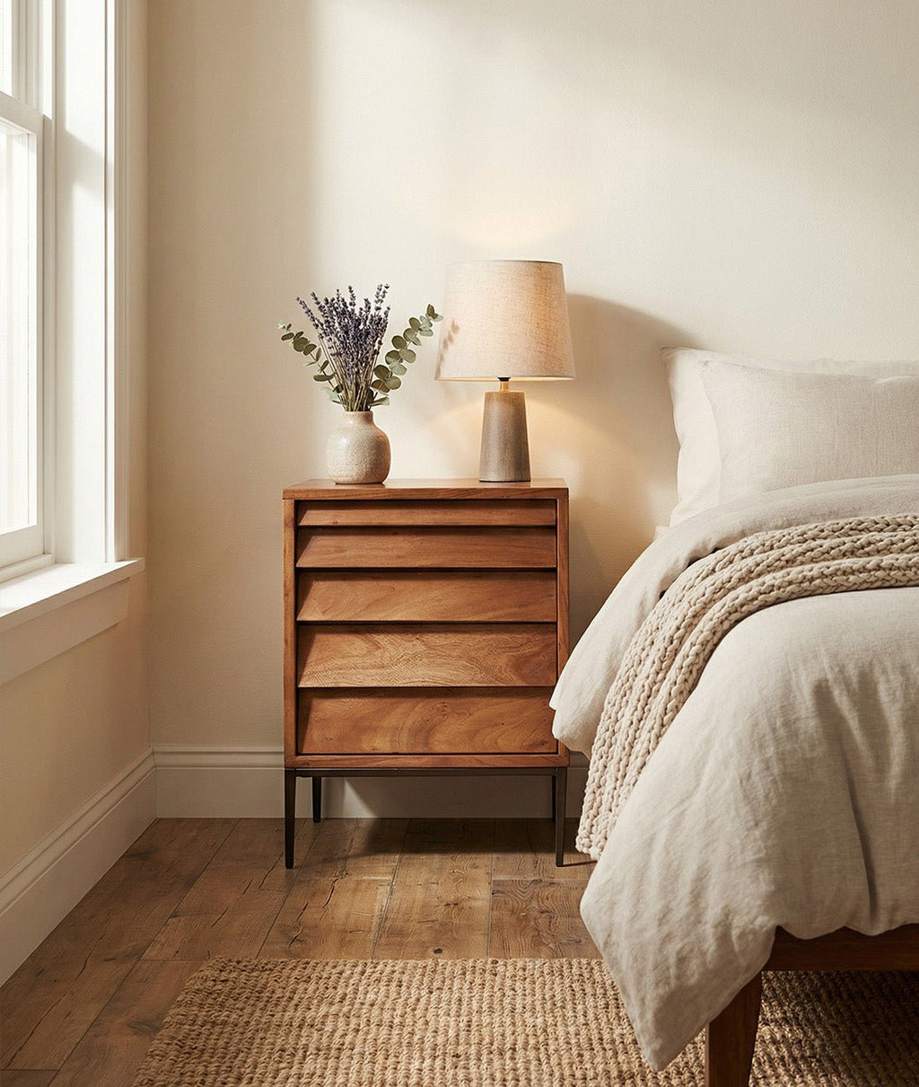 Elvara Acacia Wood Bedside Table – Tall 5-Drawer Nightstand with Iron Legs, Mid Century Storage Cabinet in Universal Teak - DOBRI ARTS AU