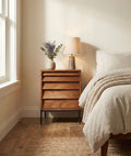 Elvara Acacia Wood Bedside Table – Tall 5-Drawer Nightstand with Iron Legs, Mid Century Storage Cabinet in Universal Teak - DOBRI ARTS AU