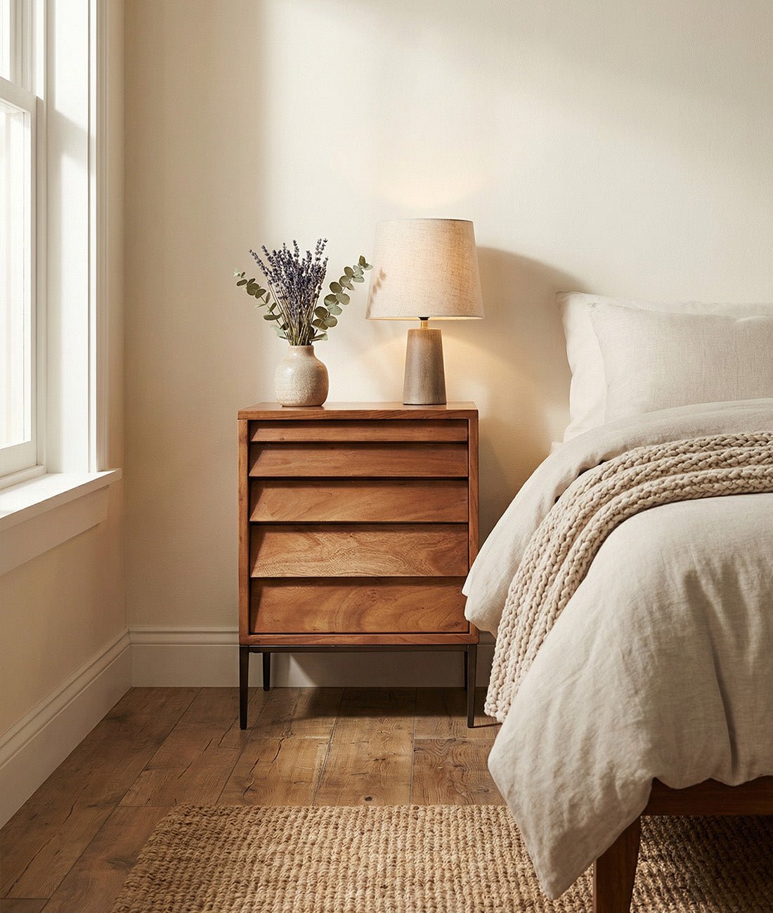 Elvara Acacia Wood Bedside Table – Tall 5-Drawer Nightstand with Iron Legs, Mid Century Storage Cabinet in Universal Teak - DOBRI ARTS AU