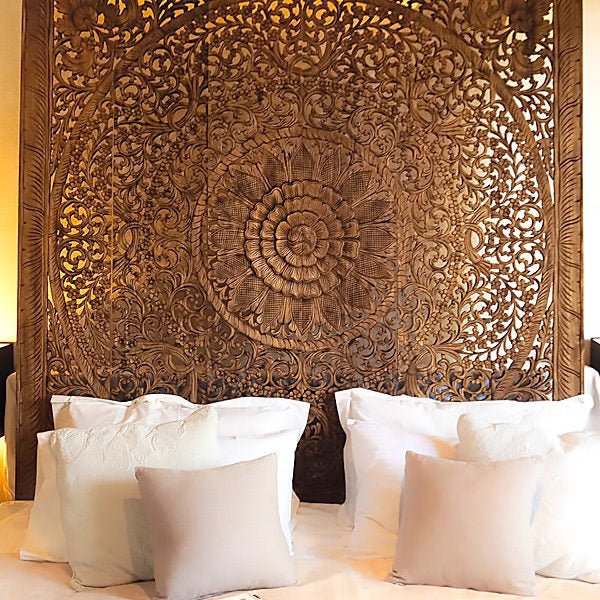 Emily Hand Carved Mango Wood Wall Headboard – Ornate Floral Mandala Panel, Teak Finish - DOBRI ARTS AU