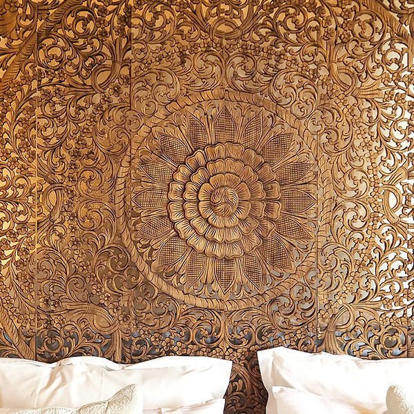 Emily Hand Carved Mango Wood Wall Headboard – Ornate Floral Mandala Panel, Teak Finish - DOBRI ARTS AU